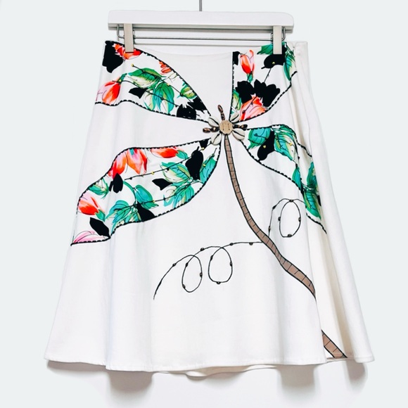 Cache Vintage Beaded Skirt A-Line Tropical Blossom Bamboo Floral SZ 4 White Y2K - Picture 1 of 11